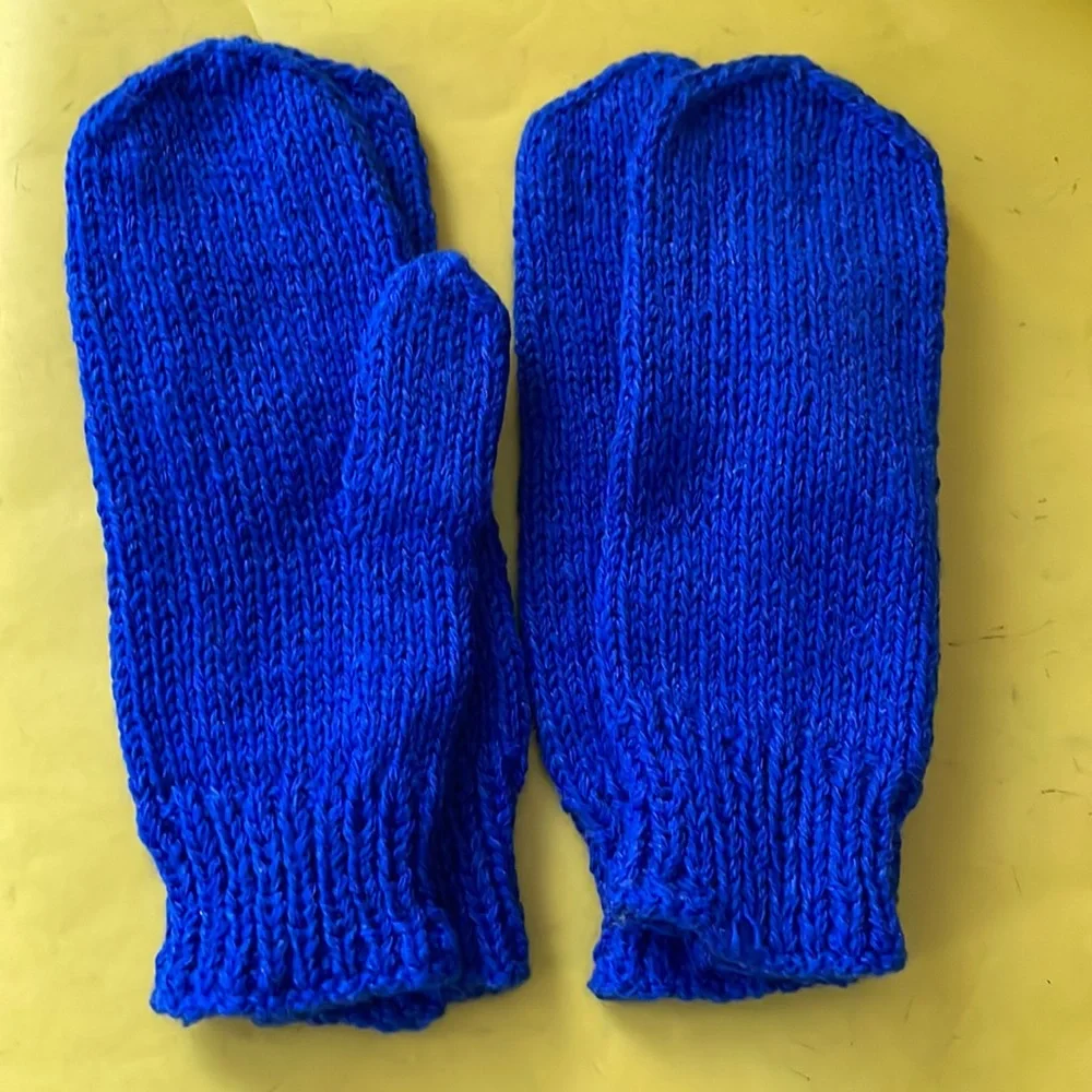 Royal blue hand knitted wool mittens